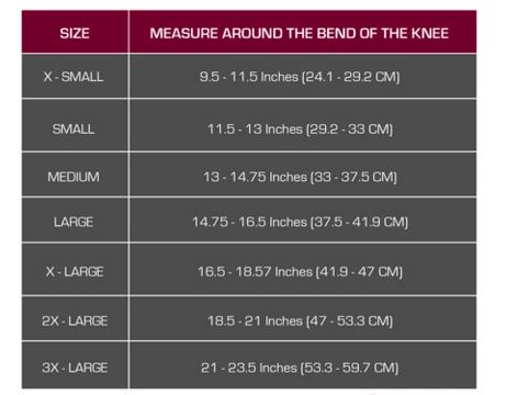 Knee Support with Spiral Stays Size Chart