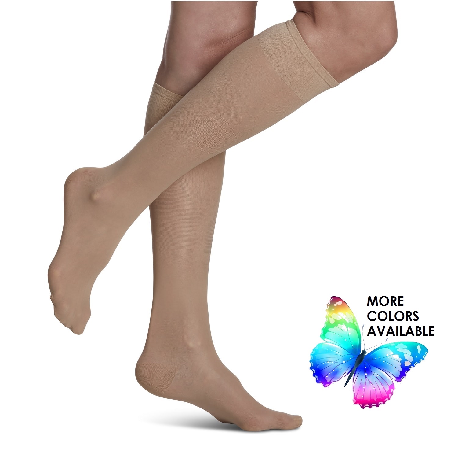 Woman is putting on lymphedema compression stockings Stock Photo