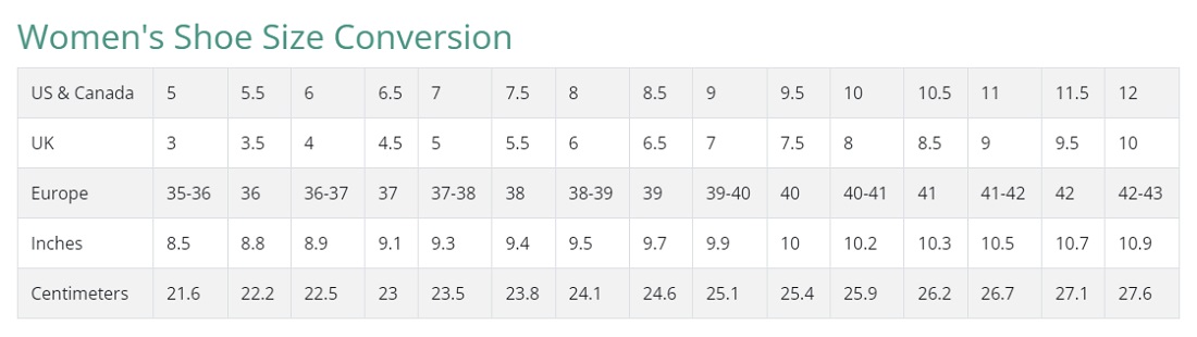 Women Shoes Size Chart